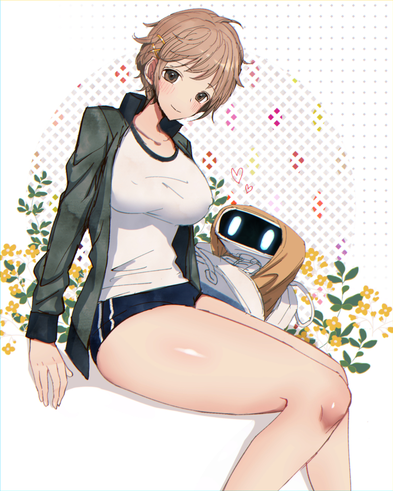 1girl, bag, blue_shorts, breasts, brown_eyes, brown_hair, buruma, floral_background, gym_uniform, hair_ornament, hairclip, handbag, heart, jacket, juusan_kihei_bouei_ken, large_breasts, looking_at_viewer, minami_natsuno, robot, shirt, short_hair, short_shorts, shorts, simple_background, sitting, sugihara_azuki, thighs, white_background, white_shirt