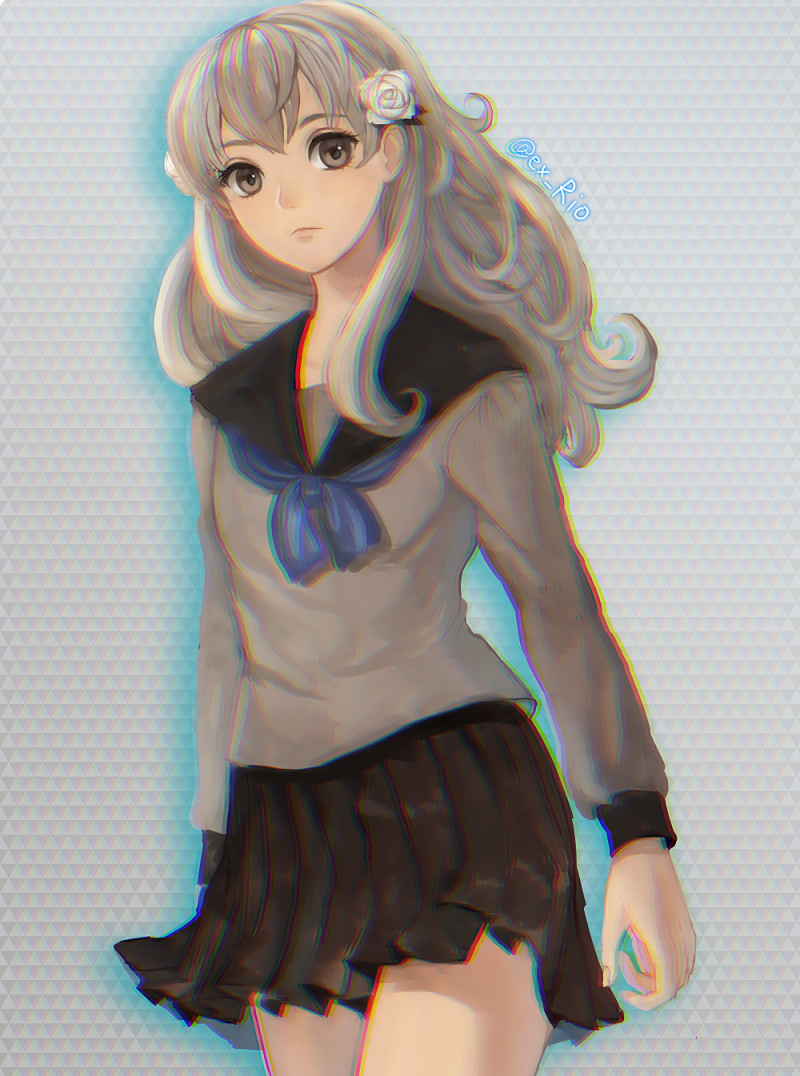 1girl, black_eyes, black_skirt, chromatic_aberration, cowboy_shot, flower, fuyusaka_iori, grey_serafuku