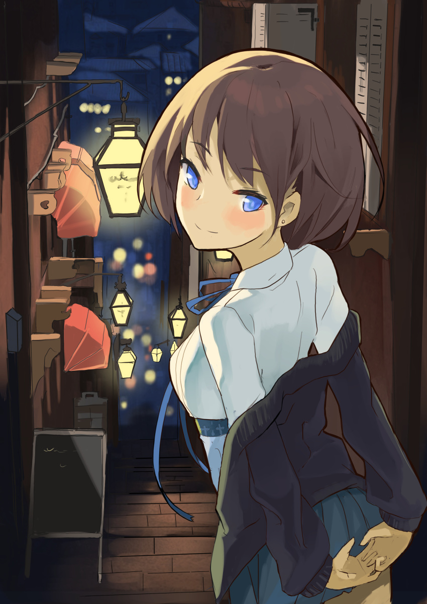 1girl, absurdres, alley, arms_behind_back, bad_perspective, black_jacket, blue_eyes, blue_ribbon