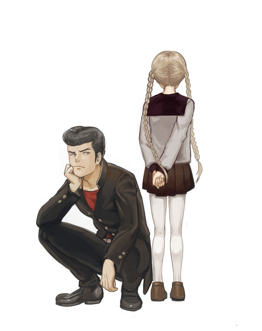 1boy, 1girl, absurdres, black_footwear, black_hair, black_pants, black_skirt, braid