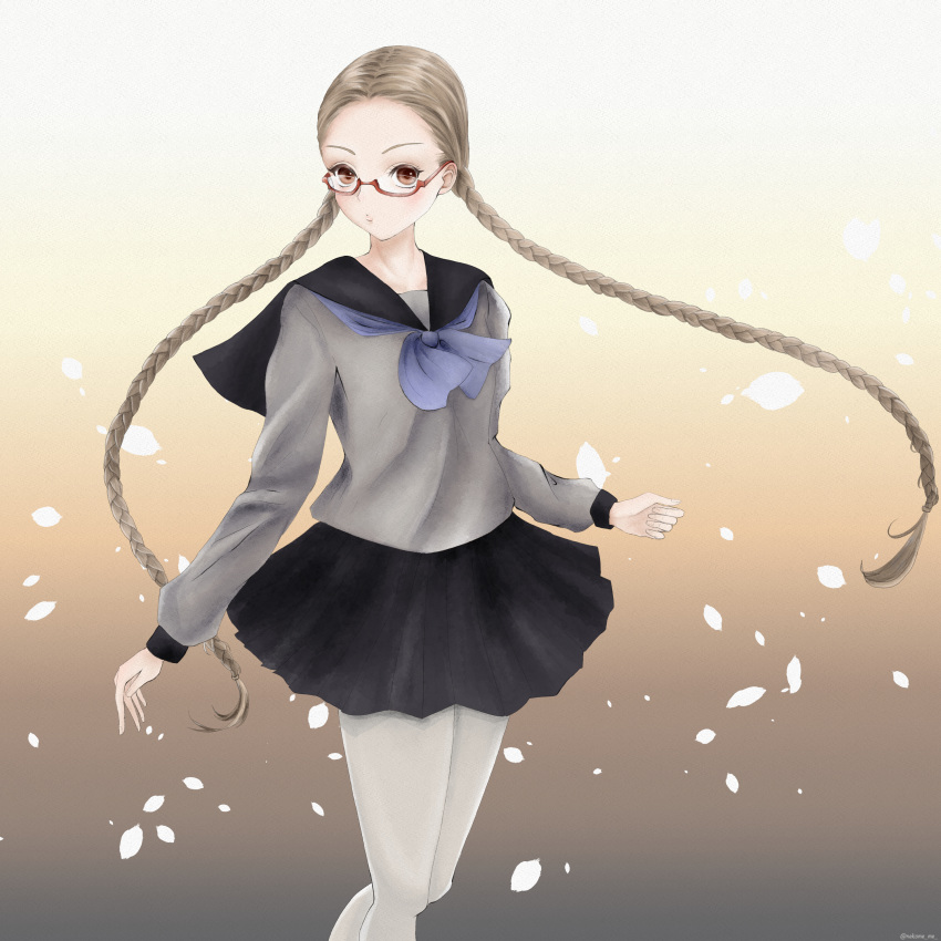 1girl, absurdres, black_skirt, braid, brown_eyes, brown_footwear, brown_hair, glasses, grey_serafuku, hair_pulled_back, highres, juusan_kihei_bouei_ken, kisaragi_itomi, long_sleeves, looking_at_viewer, nekome_me, pantyhose, red-framed_eyewear, school_uniform, skirt, solo, standing, twin_braids, twintails, twitter_username, white_legwear