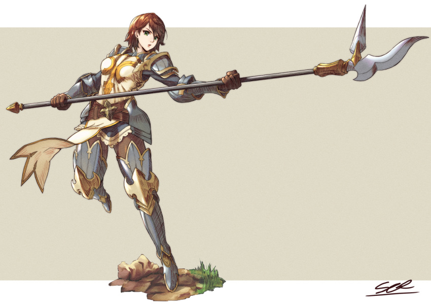 1girl, armor, armored_boots, beige_background, boots, border, borrowed_character, brown_gloves