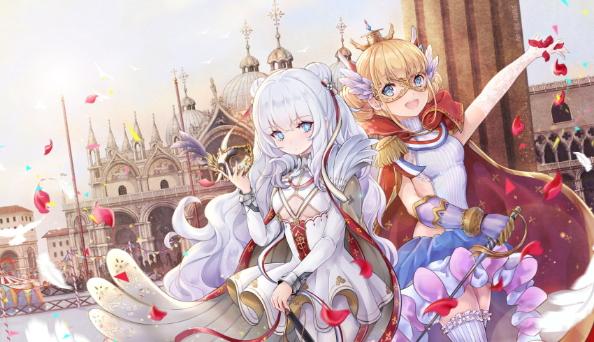 +_+, 2girls, azur_lane, bangs, bird, blonde_hair, blue_eyes, breasts