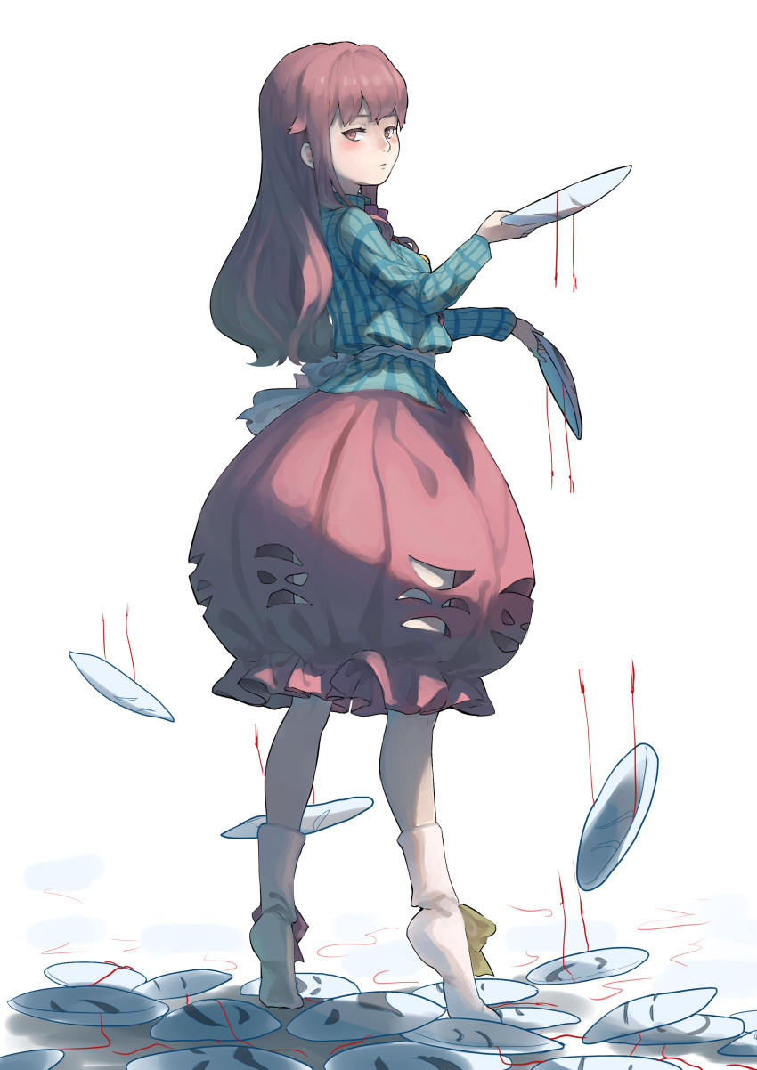 1girl, absurdres, ankle_bow, bangs, blue_shirt, blush, bow, bowtie