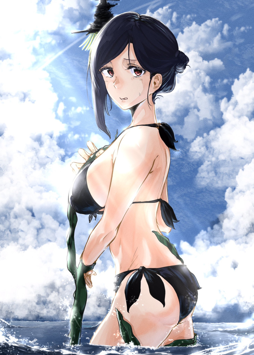 1girl, bikini, black_bikini, black_hair, blue_sky, breasts, clouds, cloudy_sky