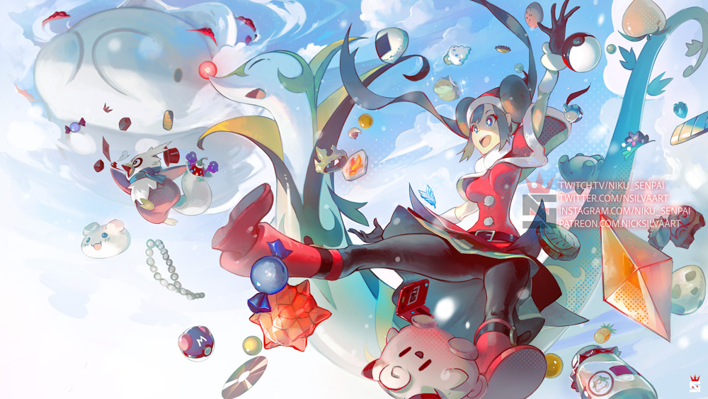 1girl, alternate_costume, berries, candy, christmas, clefairy, clouds, commentary