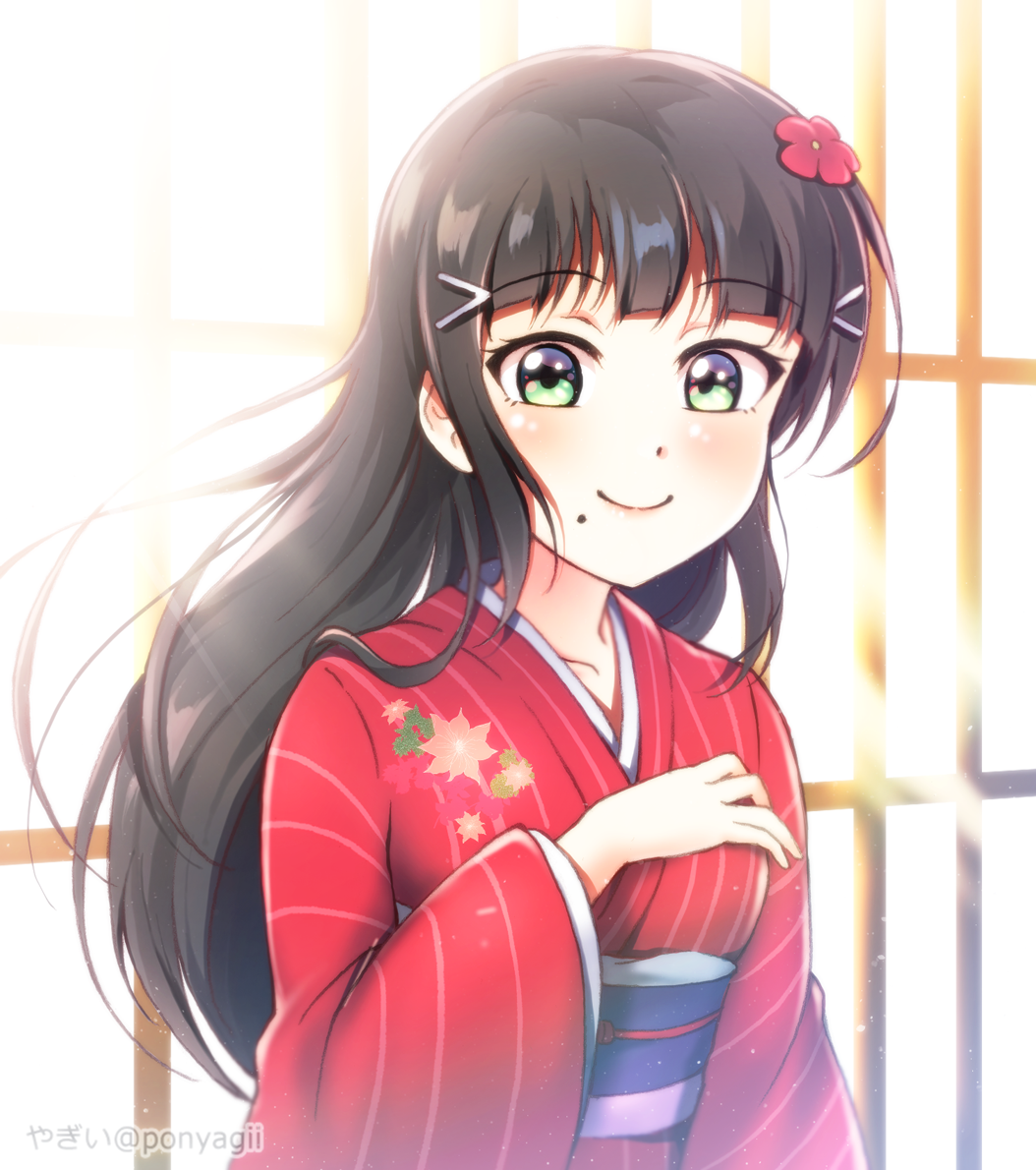 1girl, bangs, birthday, black_hair, blunt_bangs, collarbone, commentary_request, eyebrows_visible_through_hair, floral_print, flower, green_eyes, hair_flower, hair_ornament, japanese_clothes, kimono, kurosawa_dia, long_hair, long_sleeves, looking_at_viewer, love_live!, love_live!_sunshine!!, mole, mole_under_mouth, ponyagii, red_kimono, sidelocks, smile, solo, yukata