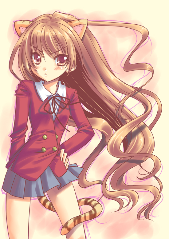 aisaka_taiga, alto_seneka, animal_ears, blush, brown_hair, cute, flat_chest, long_hair