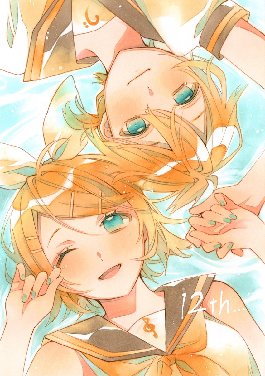 1boy, 1girl, absurdres, afloat, aqua_eyes, aqua_nails, bangs, bare_shoulders
