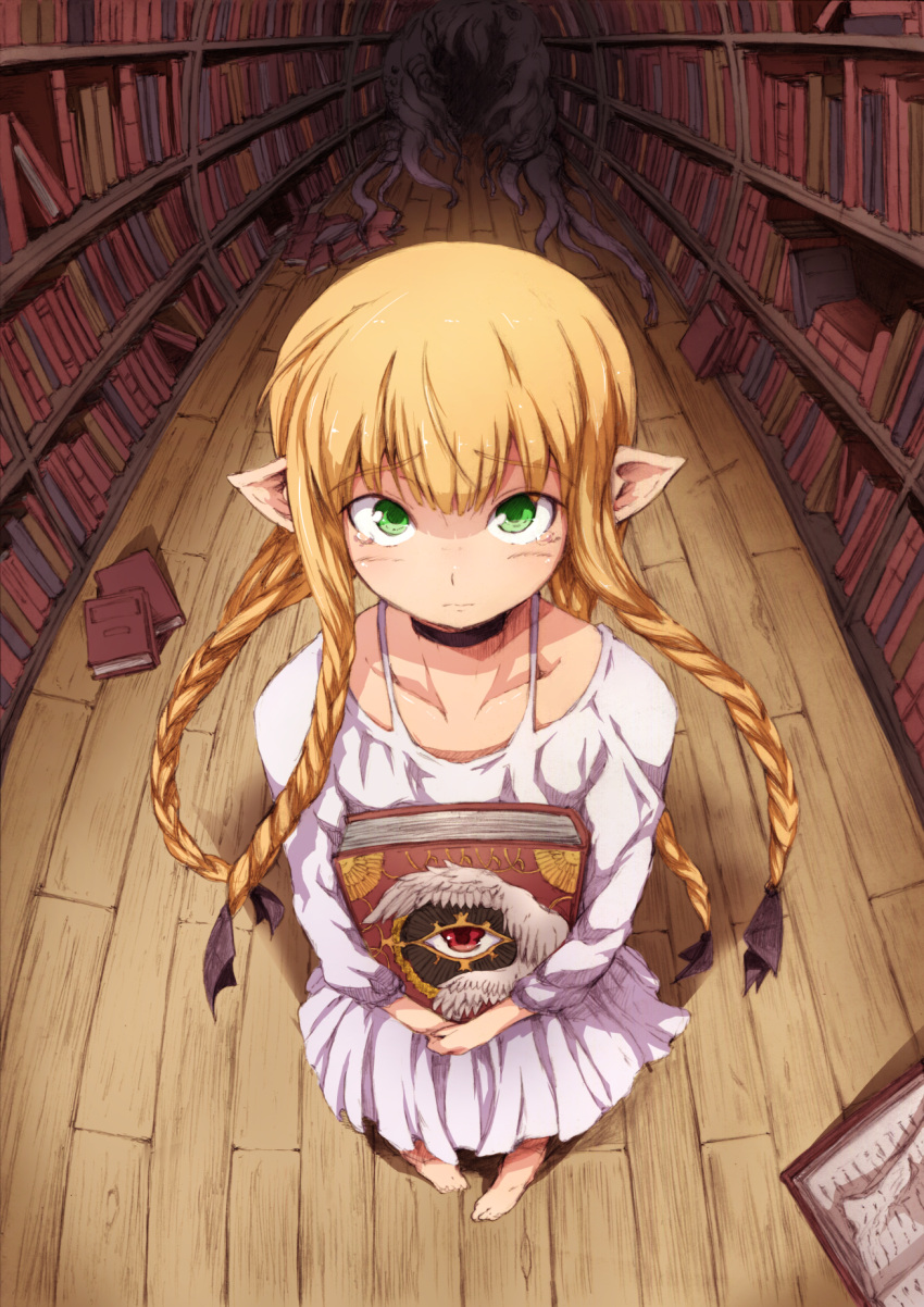 1girl, barefoot, blonde_hair, book, braid, death_(entity), dress, dungeon_meshi, elf, fisheye, green_eyes, highres, library, long_hair, looking_at_viewer, marcille, pointy_ears, rei_oe, tearing_up, tentacles, white_dress, wooden_floor, younger