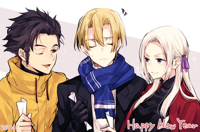 1girl, 2boys, alternate_costume, black_gloves, blonde_hair, blue_scarf, brown_hair, claude_von_riegan