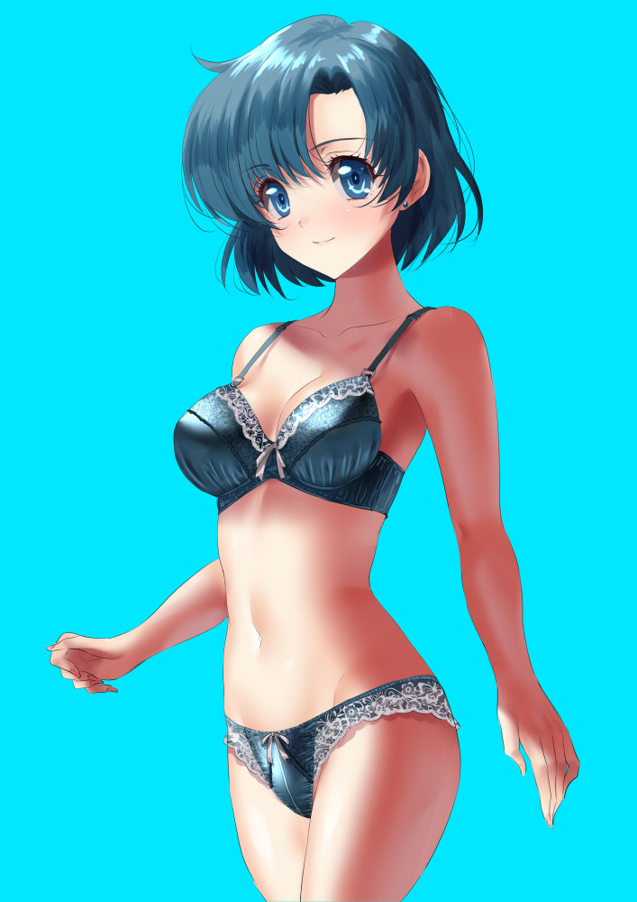1girl, bishoujo_senshi_sailor_moon, blue_background, blue_bra, blue_eyes, blue_hair, blue_panties, bra