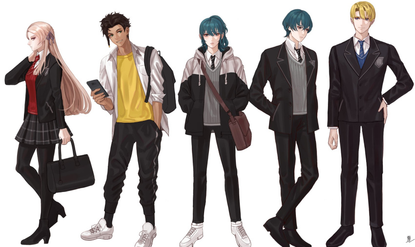 2girls, 3boys, alternate_costume, backpack, bag, black_legwear, blonde_hair, blue_eyes