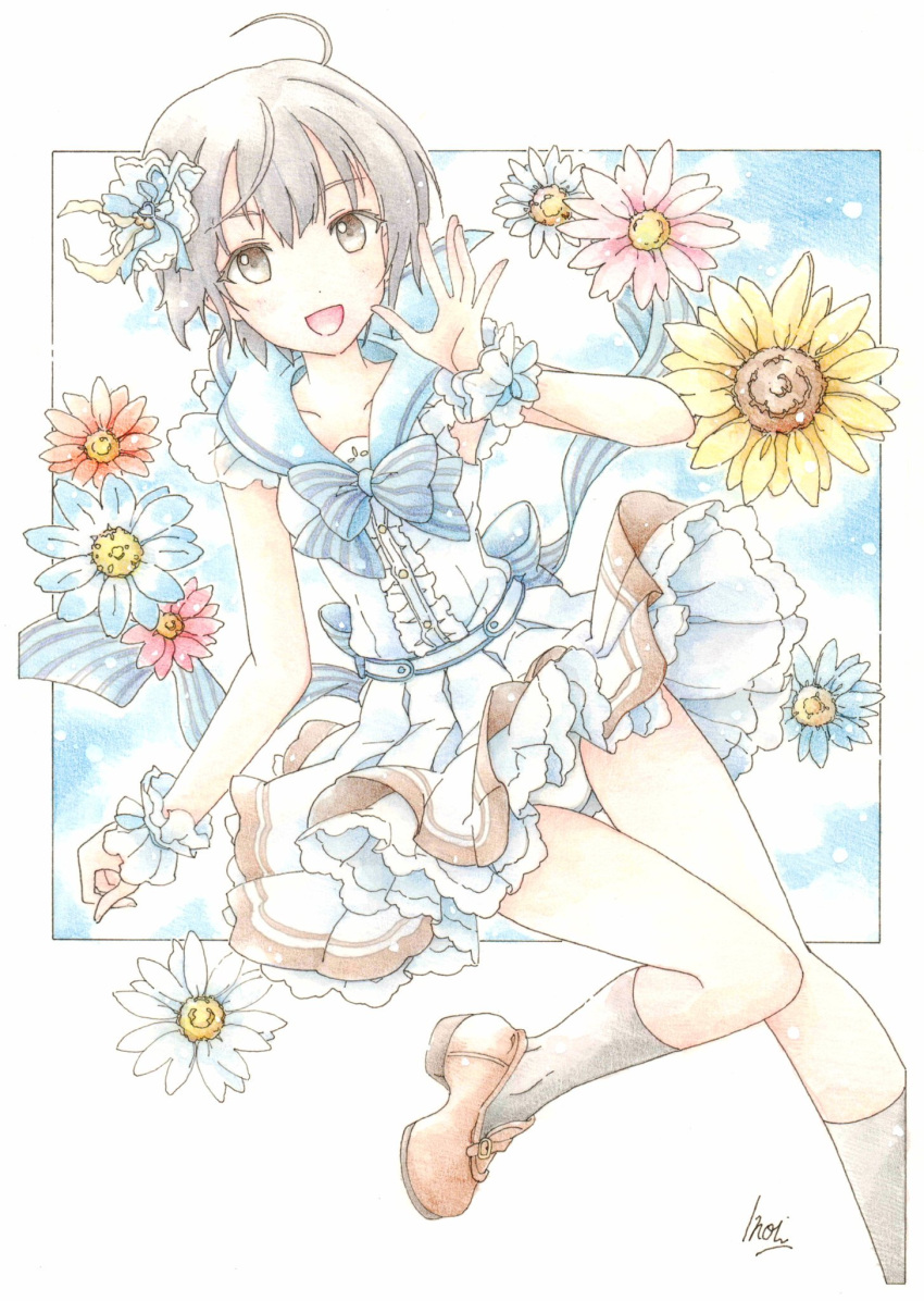 1girl, dress, flower, frills, grey_eyes, grey_hair, highres, idolmaster