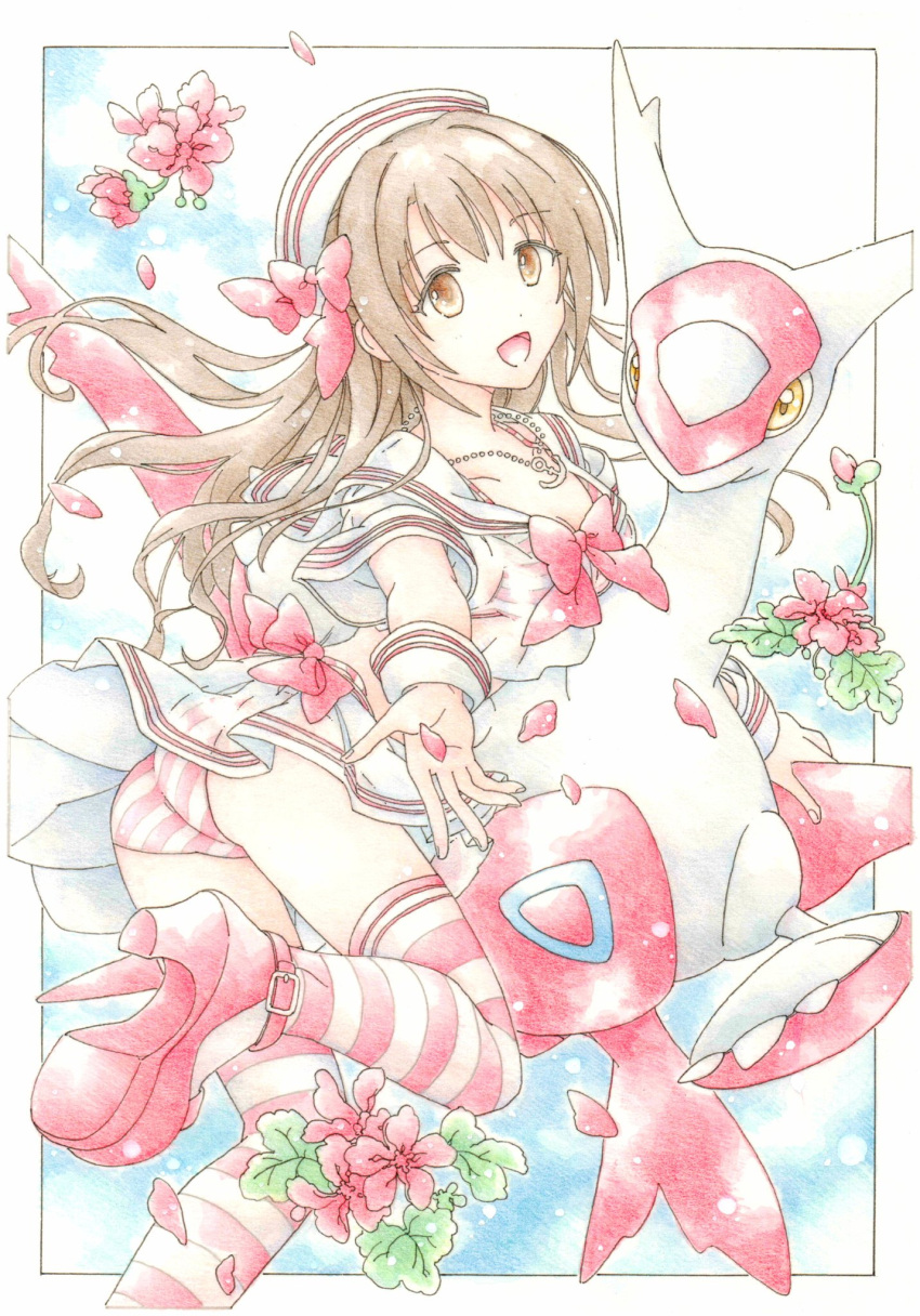1girl, bikini, brown_eyes, brown_hair, colored_pencil_(medium), hat, highres, idolmaster
