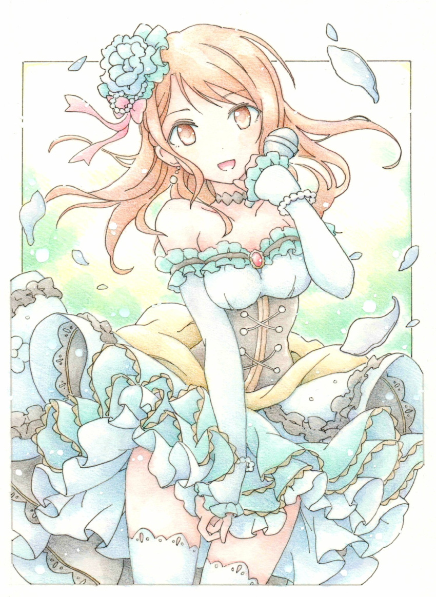 1girl, arm_warmers, bare_shoulders, brown_eyes, brown_hair, dress, frills, hair_ornament
