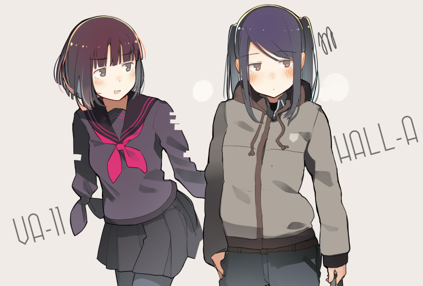 2girls, amputee, anna_graem, blush, commentary_request, copyright_name, eyebrows_visible_through_hair, fuu_fuu