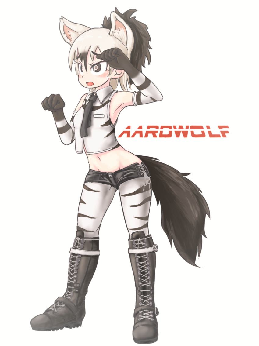 1girl, aardwolf_(kemono_friends), aardwolf_ears, aardwolf_print, aardwolf_tail, adapted_costume, animal_ear_fluff, animal_ears, animal_print, arm_up, armpits, bare_shoulders, black_eyes, black_footwear, black_hair, black_neckwear, black_shorts, boots, breast_pocket, character_name, collared_shirt, commentary_request, crop_top, cropped_shirt, cross-laced_footwear, elbow_gloves, extra_ears, eyebrows_visible_through_hair, full_body, gloves, grey_hair, groin, hair_between_eyes, hand_up, high_ponytail, highres, juuen_sharin, kemono_friends, knee_boots, lace-up_boots, legwear_under_shorts, looking_afar, medium_hair, midriff, multicolored_hair, navel, necktie, open_mouth, pantyhose, pocket, ponytail, print_gloves, print_legwear, print_shirt, shirt, short_shorts, shorts, side-tie_bottom, side-tie_shorts, simple_background, sleeveless, sleeveless_shirt, solo, standing, stomach, tail, two-tone_hair, white_background, wing_collar