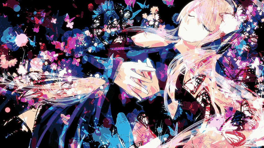 1girl, black_dress, bug, butterfly, butterfly_hair_ornament, closed_eyes, closed_mouth, commentary, dress, flower, hair_ornament, hairband, hands_together, highres, insect, long_hair, long_sleeves, lying, megurine_luka, nyakkunn, on_back, palette_(vocaloid), pink_hair, solo, splatter, thigh-highs, vocaloid