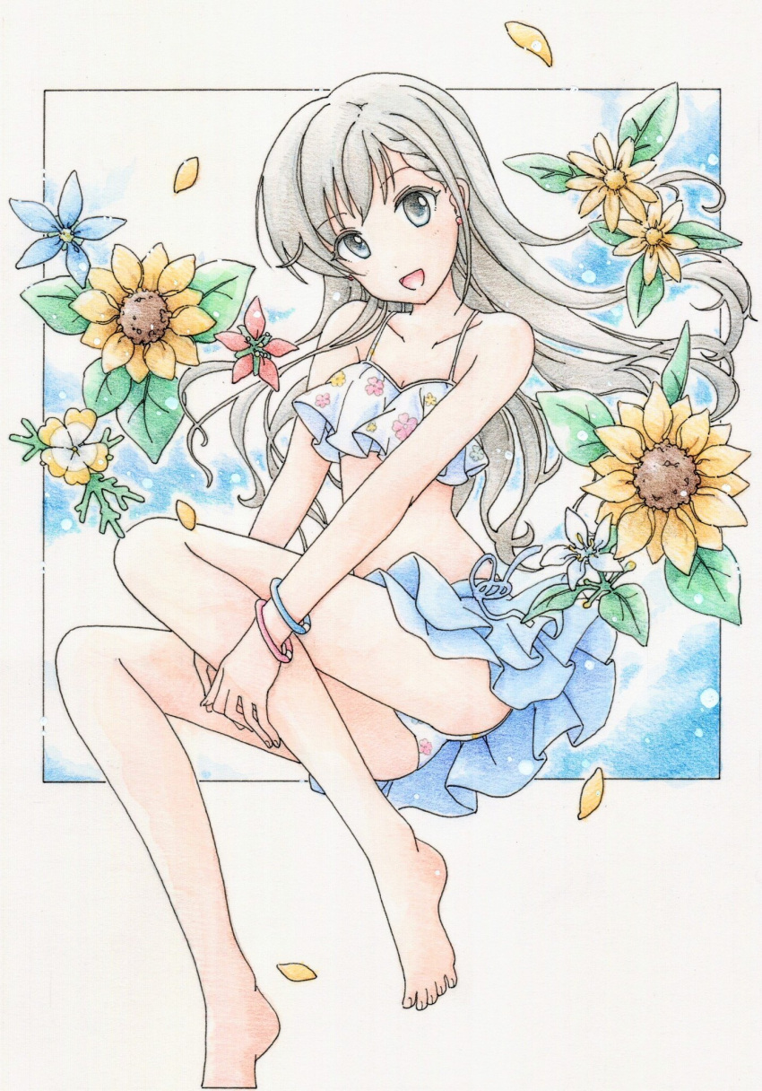 1girl, a-1_pictures, bandai, bare_shoulders, bikini, bikini_skirt, blue_bikini_bottom, grey_eyes, grey_hair, highres, hisakawa_hayate, idolmaster, idolmaster_cinderella_girls, inori_(pokemoart), long_hair, looking_at_viewer, namco, smile, swimsuit, white_bikini_top
