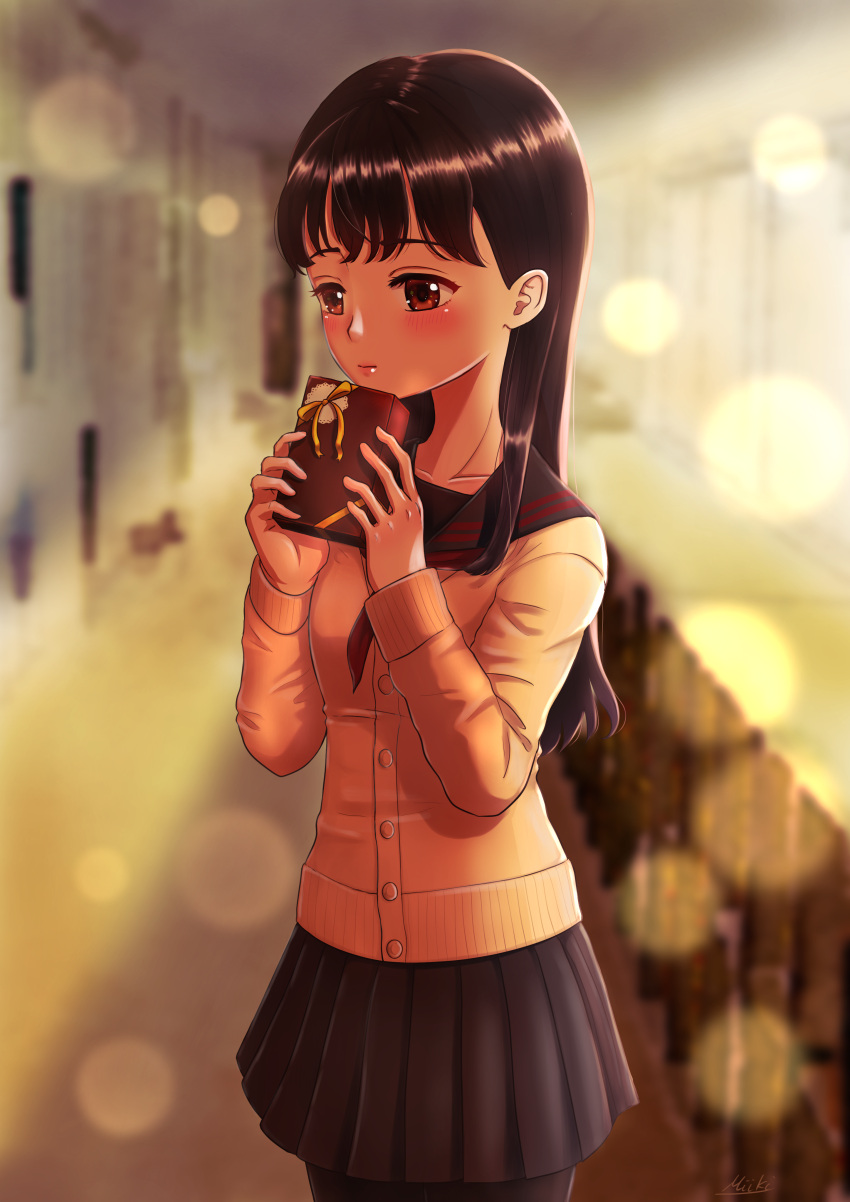 1girl, absurdres, artist_name, black_hair, black_legwear, black_skirt, blurry, blurry_background, blush, box_of_chocolates, brown_eyes, hands_up, highres, konatsu_miki, long_hair, long_sleeves, original, pantyhose, school_uniform, serafuku, skirt, solo, standing, valentine
