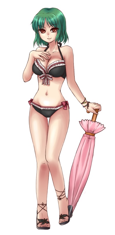 bra, breasts, cleavage, closed_umbrella, green_hair, hand_on_own_chest, high_heels, kazami_yuuka