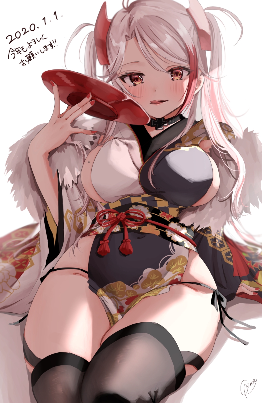 1girl, 2020, alternate_costume, antenna_hair, arm_support, azur_lane, bangs, black_kimono