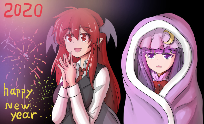 2020, 2girls, :d, bangs, black_background, black_vest, blanket, bow