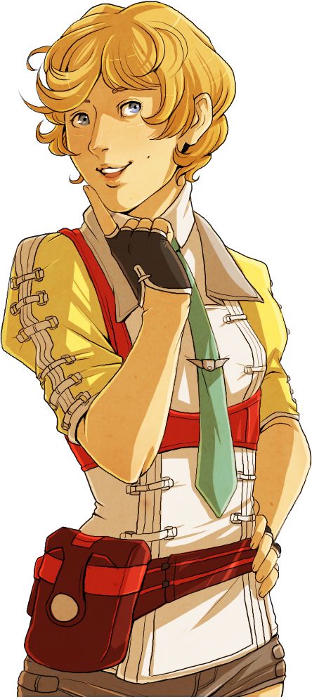 alyssa_zaidelle, bike_shorts, blonde_hair, blue_eyes, fingerless_gloves, gloves, green_neckwear, short_hair, smile