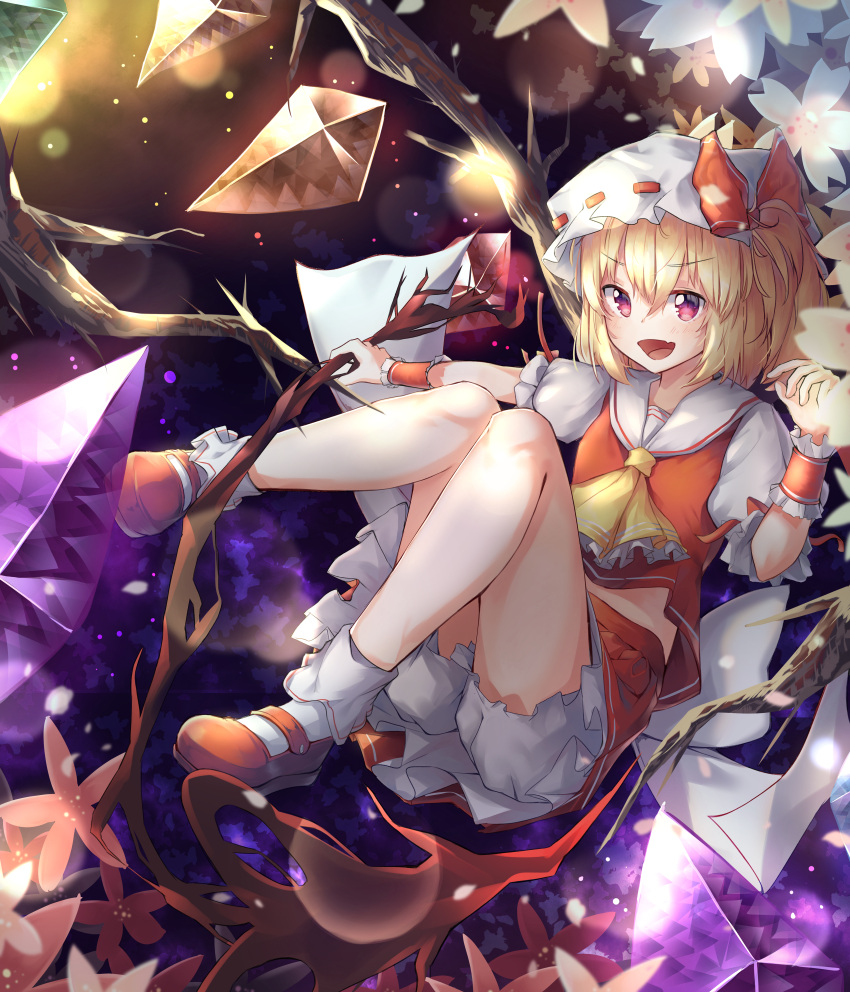 1girl, :d, absurdres, ascot, bangs, bare_legs, blonde_hair, bloomers