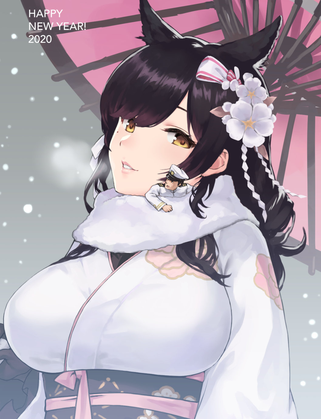 1boy, 1girl, 2020, animal_ears, atago_(azur_lane), atago_(features_of_winter)_(azur_lane), azur_lane, black_hair, black_sash, breasts, brown_eyes, commander_(azur_lane), floral_print, flower, fox_ears, giantess, hair_flower, hair_ornament, highres, large_breasts, long_hair, looking_at_viewer, mole, mole_under_eye, new_year, oriental_umbrella, parted_lips, scarf, short_hair, size_difference, snow, teston, umbrella, white_scarf, winter