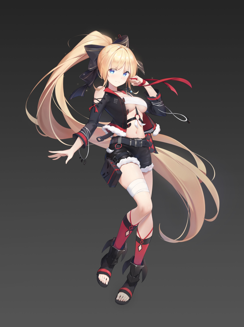 1girl, absurdres, bandaged_leg, bandages, belt, belt_pouch, black_bow, black_jacket