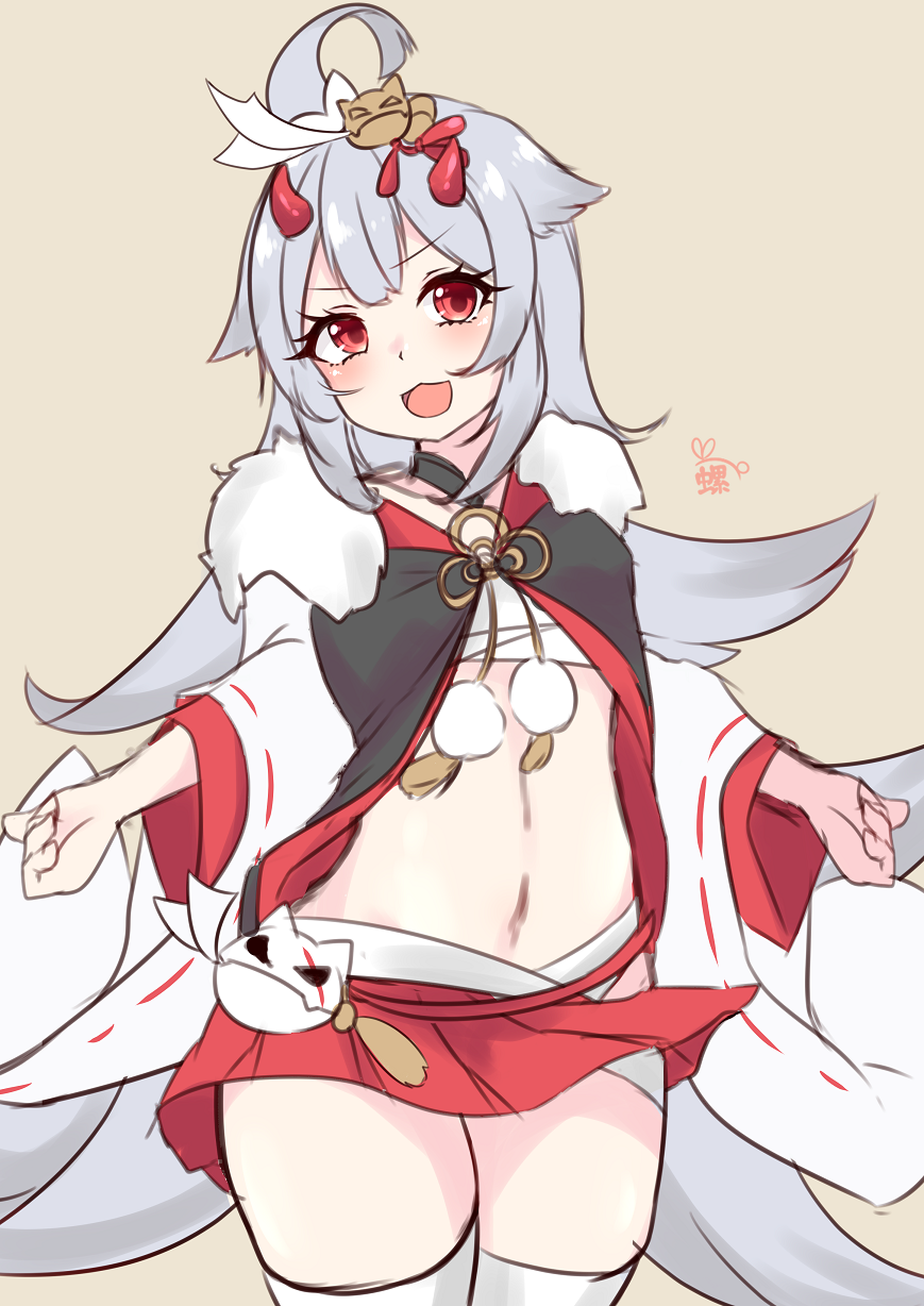 1girl, ahoge, azur_lane, bandages, blush, fur_trim, hibiki_(azur_lane), highres, horns, long_hair, long_sleeves, looking_at_viewer, natsuyagi, navel, oni_horns, open_mouth, pom_pom_(clothes), red_eyes, sarashi, skirt, smile, solo, tan_background, thigh-highs, v-shaped_eyebrows, very_long_hair, white_hair, white_legwear