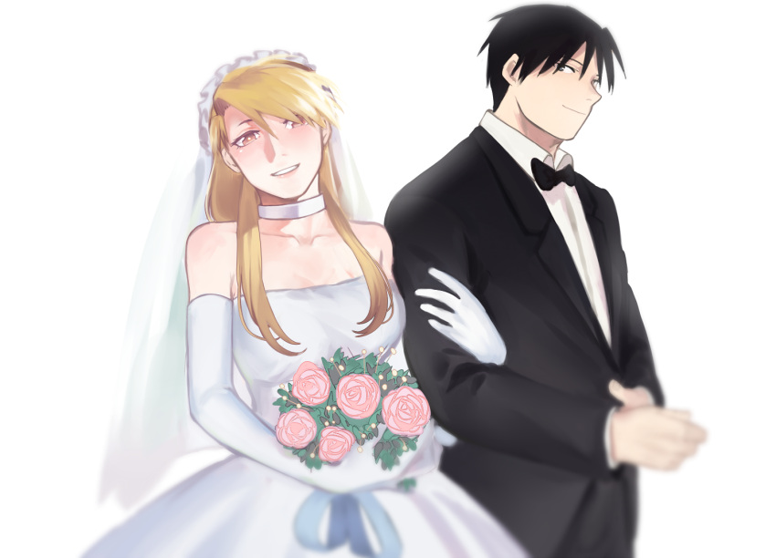 1boy, 1girl, bangs, bare_shoulders, black_eyes, black_hair, black_jacket, blonde_hair