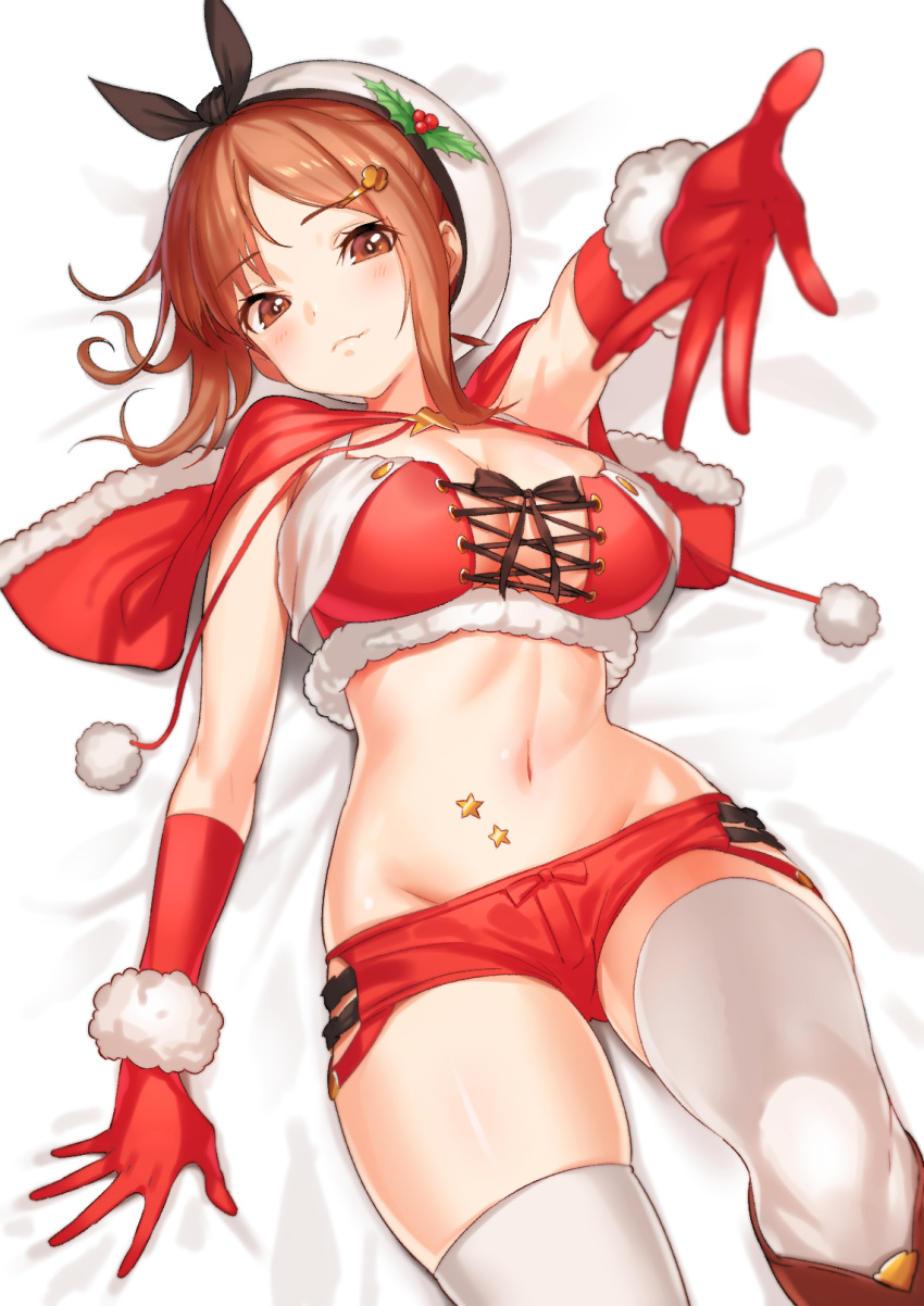 1girl, atelier_(series), atelier_ryza, bed_sheet, breasts, brown_eyes, brown_hair, capelet