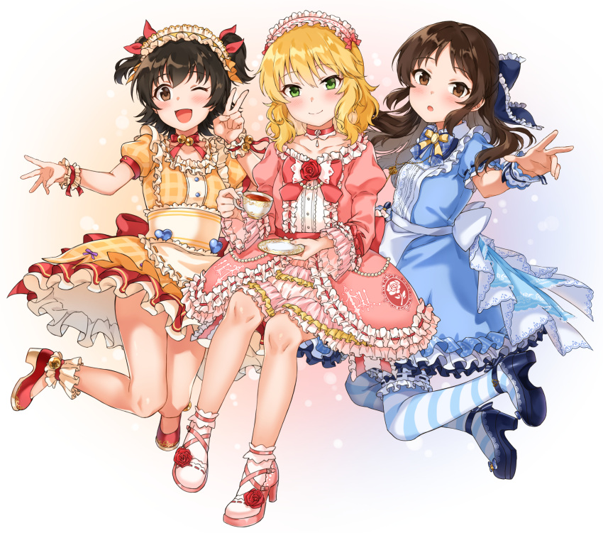 3girls, :d, :o, akagi_miria, ankle_bell, ankle_garter, ankle_ribbon, ankle_strap