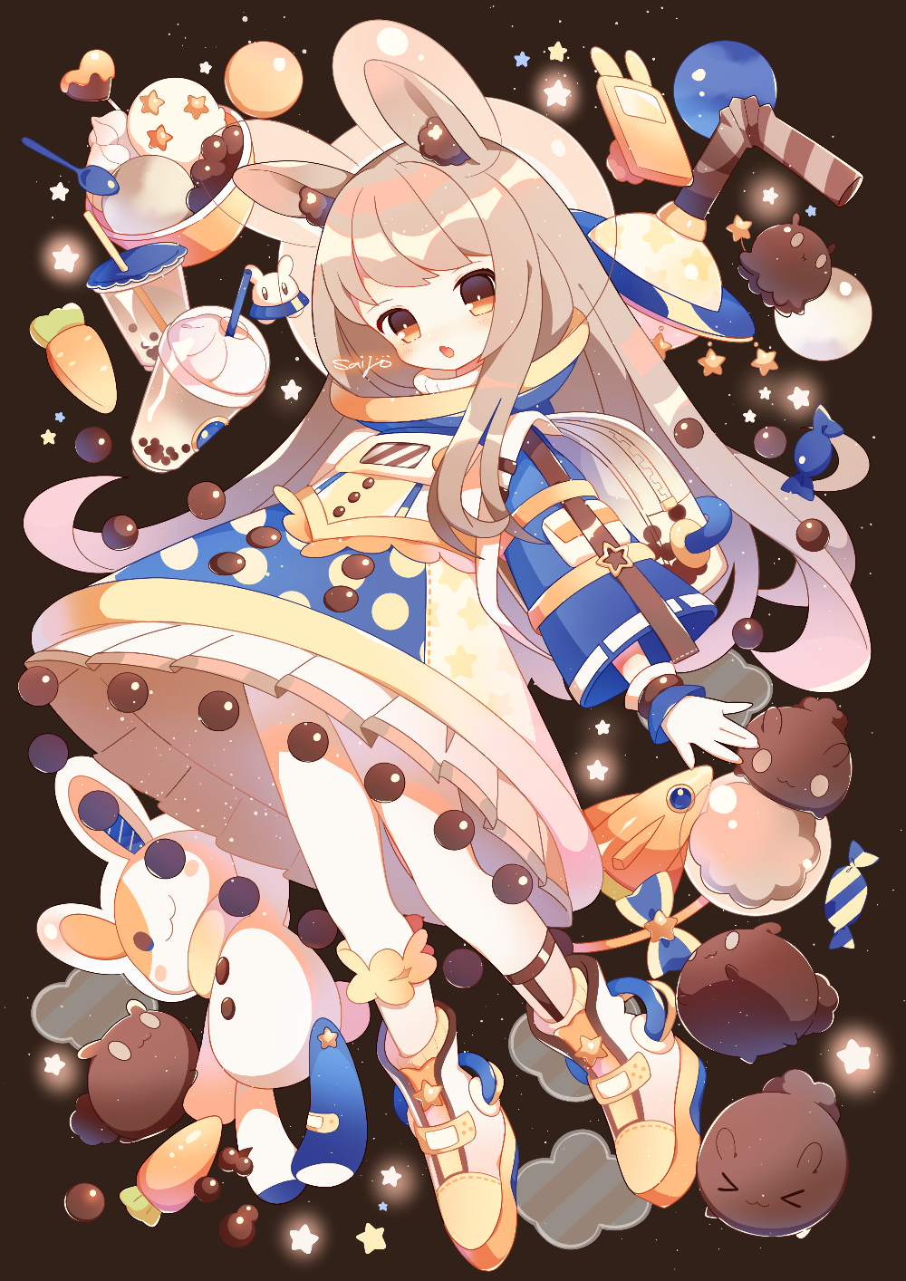 1girl, :3, animal_ears, bandaid, boots, bubble_tea, carrot, cellphone, commentary_request, constricted_pupils, drinking_straw, full_body, highres, looking_at_viewer, octopus, open_mouth, original, phone, rabbit_ears, rocket, saijo1201, signature, solo, space, space_helmet, star, star_(sky), stuffed_animal, stuffed_bunny, stuffed_toy, wide_sleeves