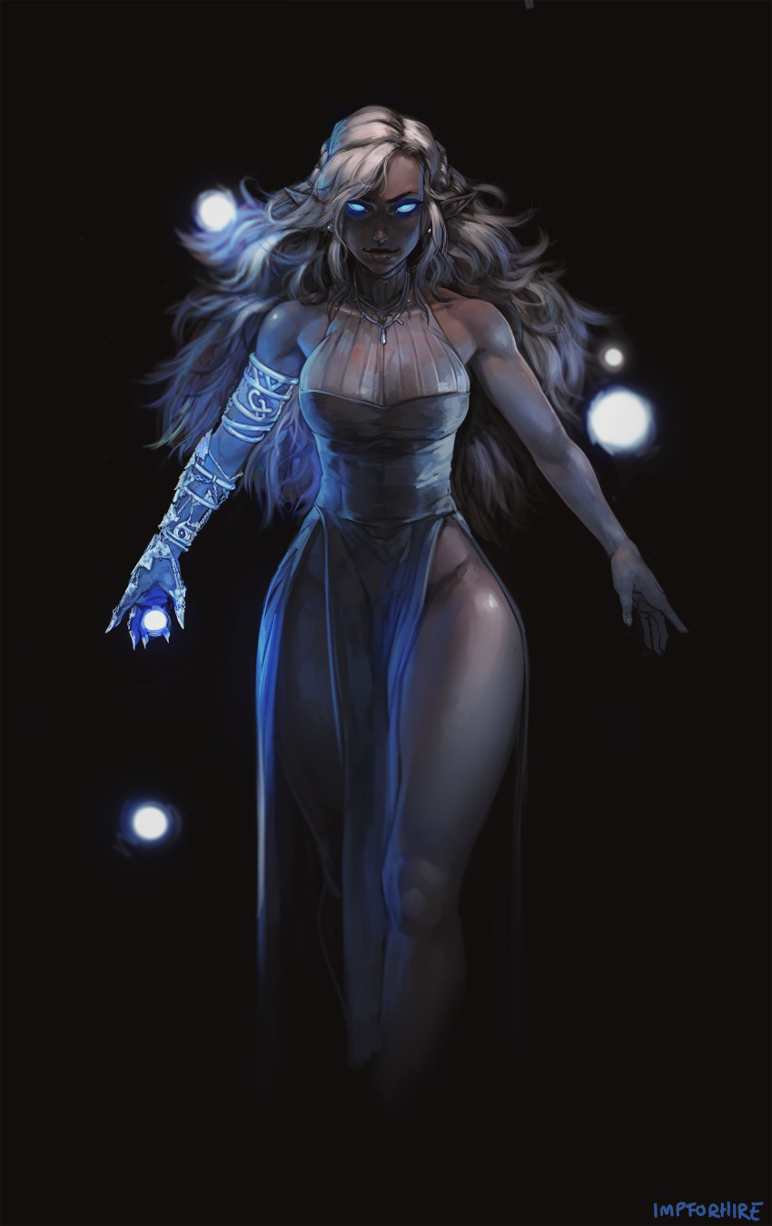 1girl, absurdres, big_hair, black_background, blue_eyes, breasts, collarbone, cropped_legs, dress, earrings, elf, gloves, glowing, glowing_eyes, grimsby, halter_dress, highres, jewelry, large_breasts, lips, long_dress, long_hair, looking_at_viewer, messy_hair, mole_on_thigh, necklace, no_bra, no_panties, orb, original, pelvic_curtain, pointy_ears, see-through, side_slit, silver_hair, single_glove, sleeveless, sleeveless_dress, solo, thighs, toned, wide_hips