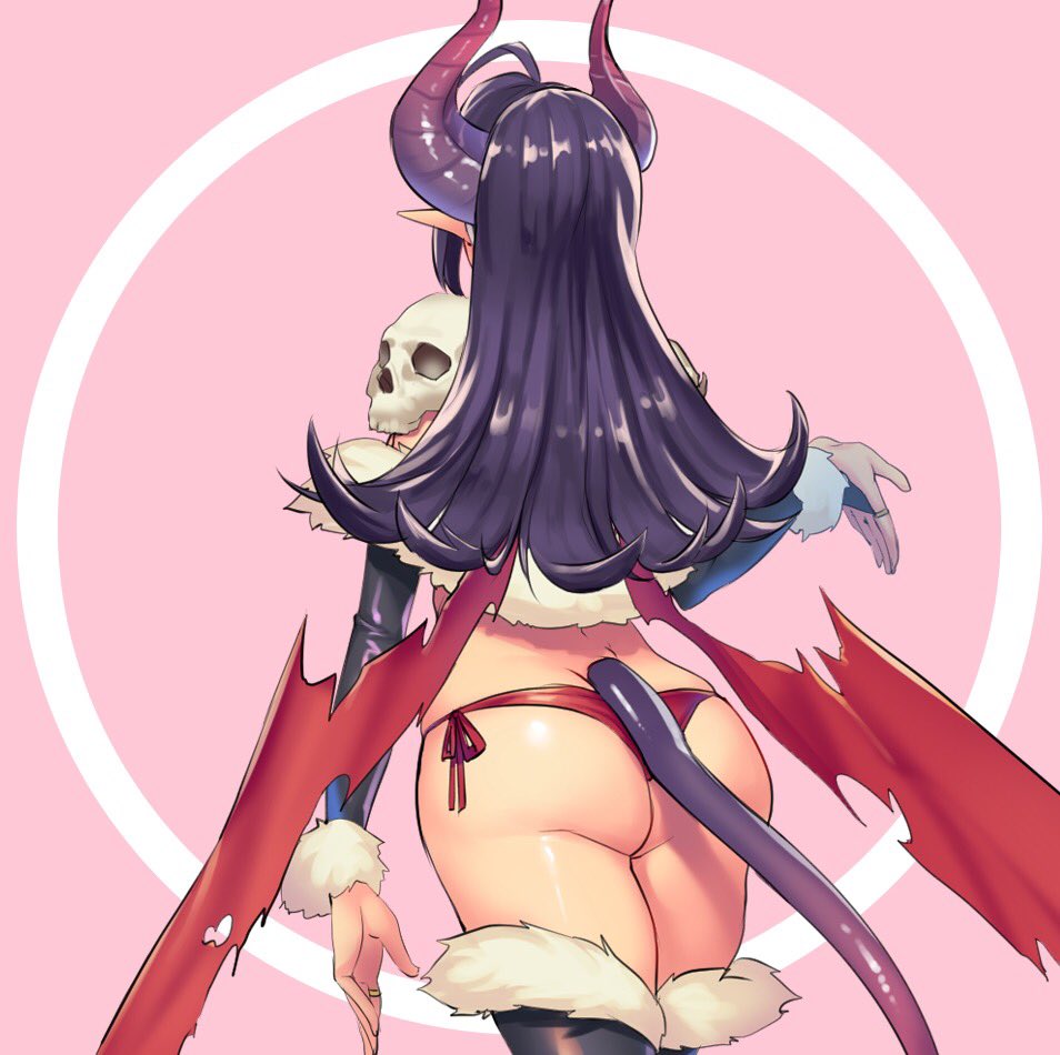 1girl, ass, bikini, bridal_gauntlets, commentary, commission, commissioner_upload, demon_girl, demon_horns, demon_tail, demon_wings, elbow_gloves, english_commentary, flipped_hair, from_behind, gloves, horns, iris_lilith_vandella_carmen, jewelry, long_hair, minamoto, pauldrons, pink_background, pointy_ears, purple_hair, purple_horns, red_bikini, ring, side-tie_bikini, skull, solo, succubus, swimsuit, tail, thigh-highs, waifusplit, wings