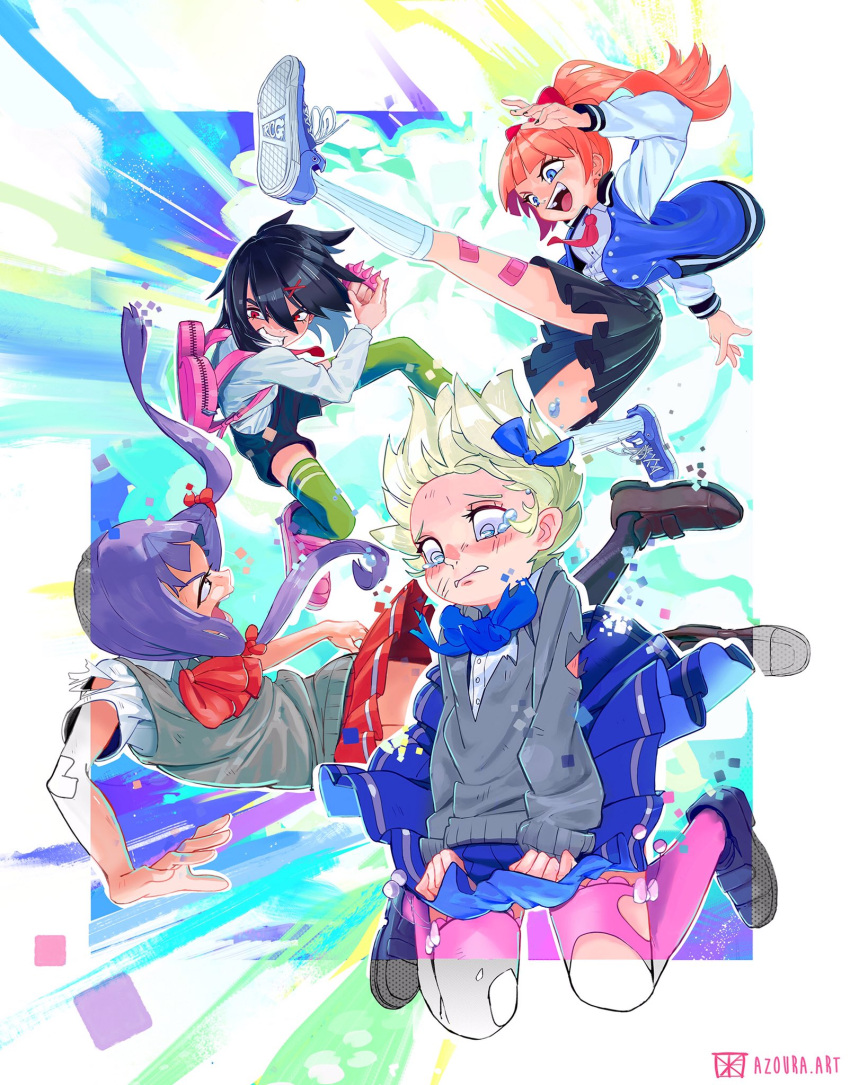 4girls, azoura, bandaid, bandaid_on_leg, black_legwear, black_nails, black_skirt, blue_eyes