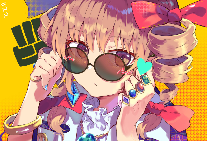 1girl, adjusting_eyewear, bangle, bangs, blue_nails, bow, bracelet, brown_eyes