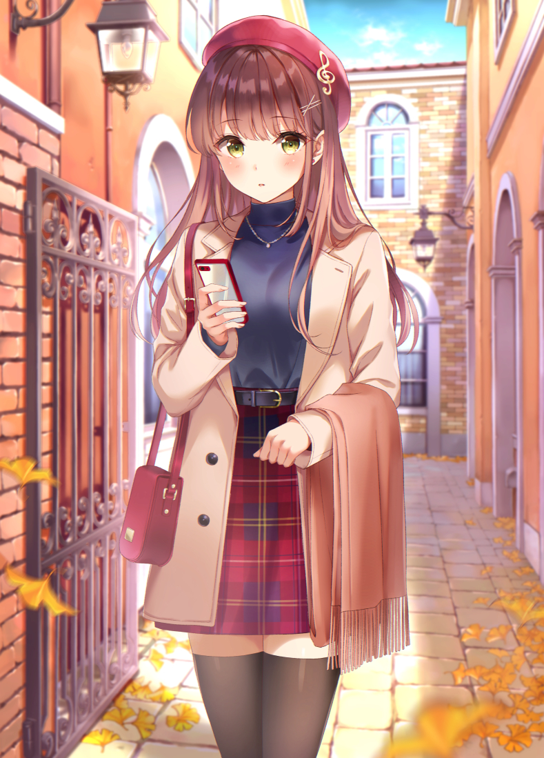 1girl, bag, bangs, beret, black_legwear, blue_sky, blush, breasts, brown_coat, brown_hair, brown_scarf, building, cellphone, clouds, coat, commentary, cowboy_shot, day, eyebrows_visible_through_hair, fingernails, fringe_trim, gate, ginkgo, ginkgo_leaf, green_eyes, hair_ornament, handbag, hat, heart_pendant, holding, holding_cellphone, holding_phone, jewelry, long_hair, long_sleeves, looking_at_viewer, open_clothes, open_coat, original, outdoors, parted_lips, pendant, phone, plaid, plaid_skirt, purple_shirt, red_headwear, red_skirt, revision, scarf, shirt, shoulder_bag, skirt, sky, sleeves_past_wrists, small_breasts, solo, standing, thigh-highs, treble_clef_hair_ornament, turtleneck, wall_lamp, window, yumesaki