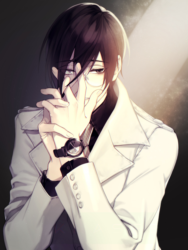 1boy, bangs, black_eyes, black_hair, black_shirt, buttons, byakuya0315, collar, collared_coat, collared_shirt, eyebrows_visible_through_hair, glasses, hand_on_hand, hand_on_head, heterochromia, long_sleeves, looking_at_viewer, male_focus, necktie, original, parted_lips, round_eyewear, shirt, short_hair, solo, upper_body, watch, watch, white_coat, white_eyes