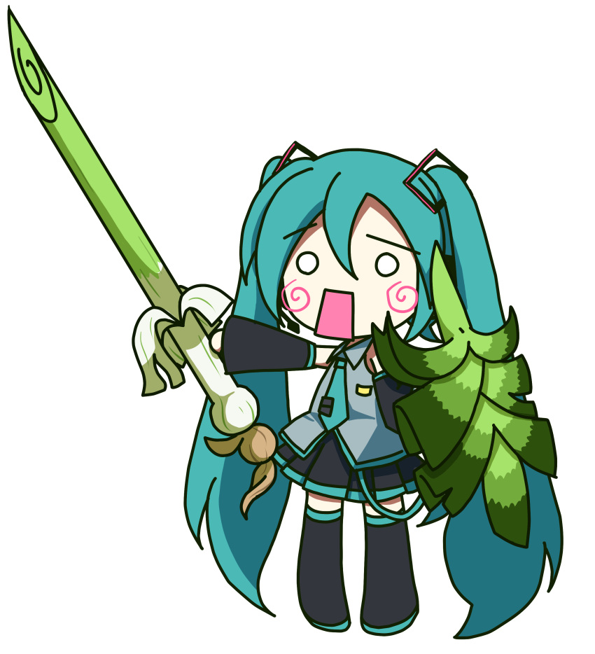 1girl, absurdres, aosaki_yato, aqua_hair, aqua_neckwear, bare_shoulders, belt, black_legwear, black_skirt, black_sleeves, blush_stickers, chibi, commentary, cosplay, detached_sleeves, grey_shirt, hachune_miku, hair_ornament, headphones, headset, highres, holding, holding_shield, holding_spring_onion, holding_sword, holding_weapon, long_hair, necktie, pokemon, pokemon_(game), pokemon_swsh, shield, shirt, sirfetch'd, sirfetch'd_(cosplay), skirt, sleeveless, sleeveless_shirt, solid_circle_eyes, solo, spring_onion, sword, thigh-highs, twintails, very_long_hair, vocaloid, weapon, white_background, zettai_ryouiki