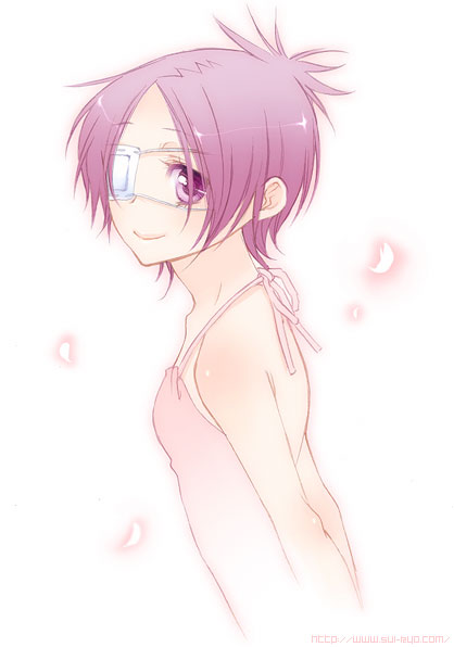 chrome_dokuro, dress, eyepatch, katekyo_hitman_reborn, katekyo_hitman_reborn!, petals, purple_eyes, purple_hair