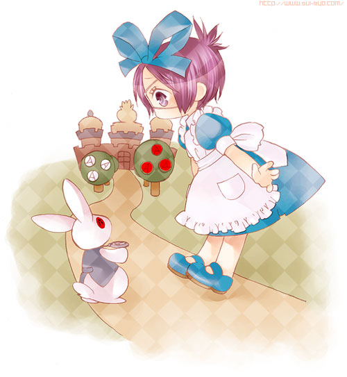 alice_(wonderland)_(cosplay), alice_in_wonderland, apron, argyle, bow, bunny, castle, chibi