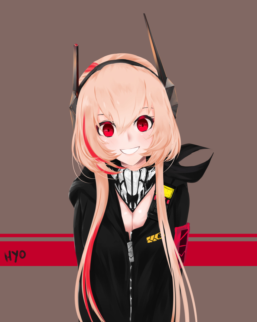 1girl, absurdres, armband, black_jacket, black_scarf, black_skirt, blonde_hair, blush, eyebrows_visible_through_hair, girls_frontline, grin, hair_between_eyes, happy, headgear, highres, hyo, jacket, long_hair, looking_at_viewer, m4_sopmod_ii_(girls_frontline), multicolored_hair, open_mouth, pouch, red_armband, red_eyes, redhead, scarf, sidelocks, simple_background, skirt, smile, solo, streaked_hair, teeth