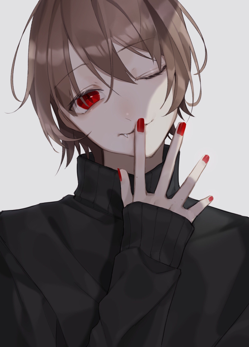 1boy, bangs, black_sweater, brown_hair, closed_mouth, collar, collared_sweater, eyebrows_visible_through_hair