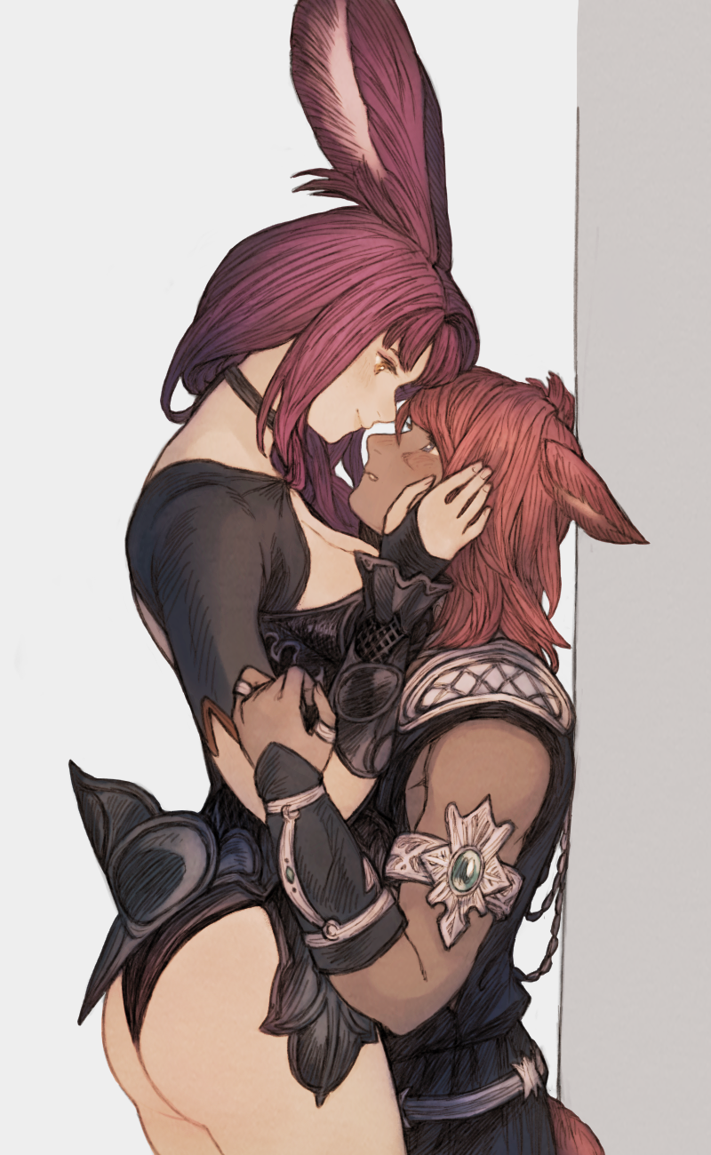 1boy, 1girl, animal_ears, armlet, ass, bangs, blue_eyes, blush, breasts, brown_eyes, cat_ears, cat_tail, cowboy_shot, dark_skin, facial_mark, final_fantasy, final_fantasy_xiv, fingerless_gloves, gloves, height_difference, highres, jewelry, long_hair, looking_at_another, maekakekamen, medium_breasts, miqo'te, purple_hair, rabbit_ears, redhead, ring, smile, standing, tail, thigh-highs, viera, white_background