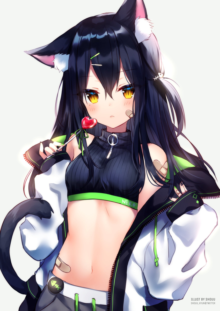 1girl, absurdres, animal_ear_fluff, animal_ears, bandaid, bandaid_on_cheek, bandaid_on_shoulder, bandaid_on_stomach